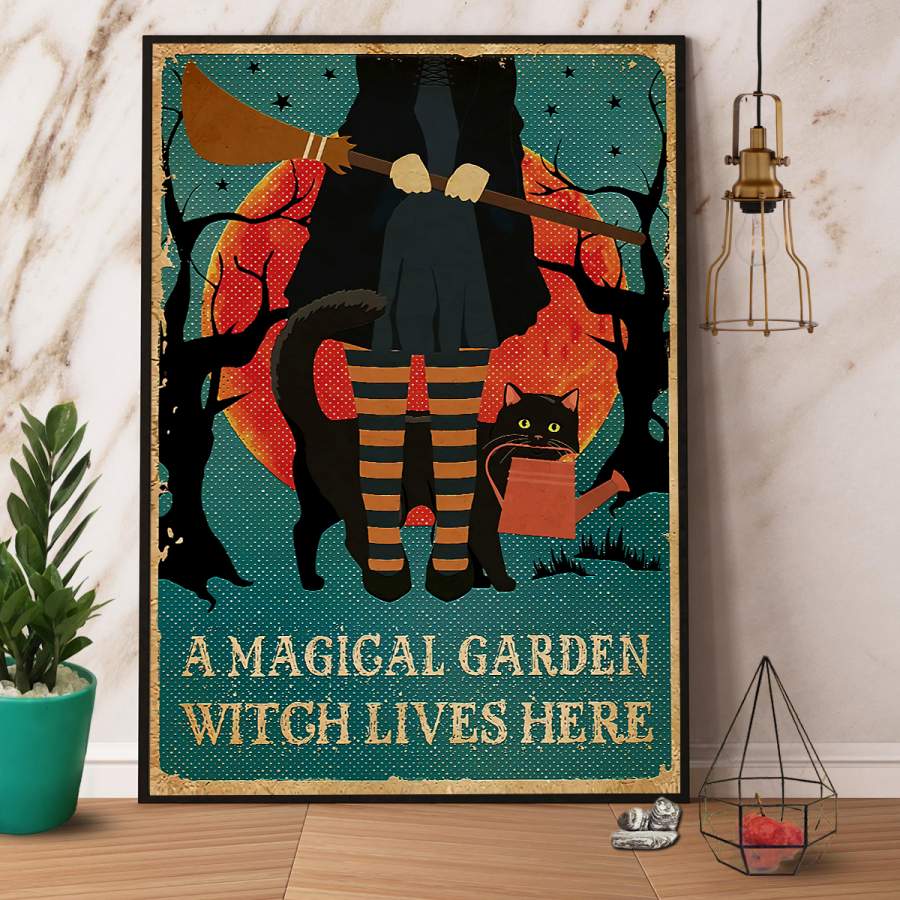 Black cat a magical garden witch lives here Halloween paper poster no frame/ wrapped canvas wall decor full size
