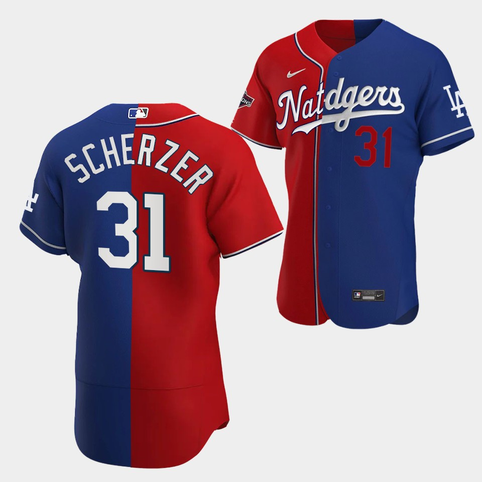 Texas Rangers Jersey, Max Scherzer Dodgers Nationals Outstanding Pitcher Red Royal 31 Jersey Split Edition