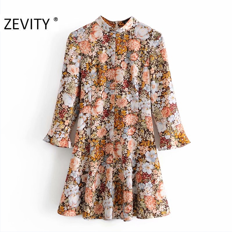 Zevity Autumn Women Vintage Stand Collar Flower Print A Line Mini Dress Office Ladies Ruffles Sleeve Casual Chic Vestido DS4542 alx