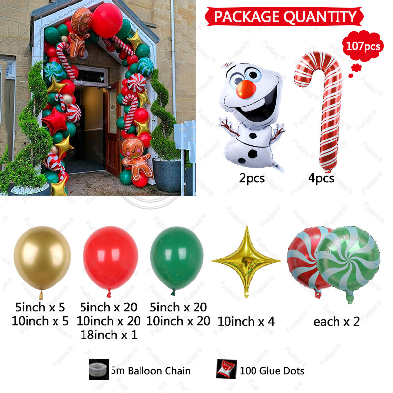 107pcs Red Green Latex Balloons Arch Garland Kit Candy Cane Olaf Foil Balls Merry Christmas 2023 Happy New Year Eve Party Decors alx