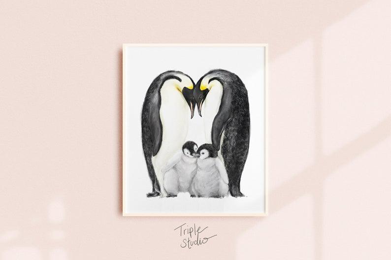 Penguin Art Print – Second Child, Shared Room, Family Portrait Of Four, Wall Decor Poster