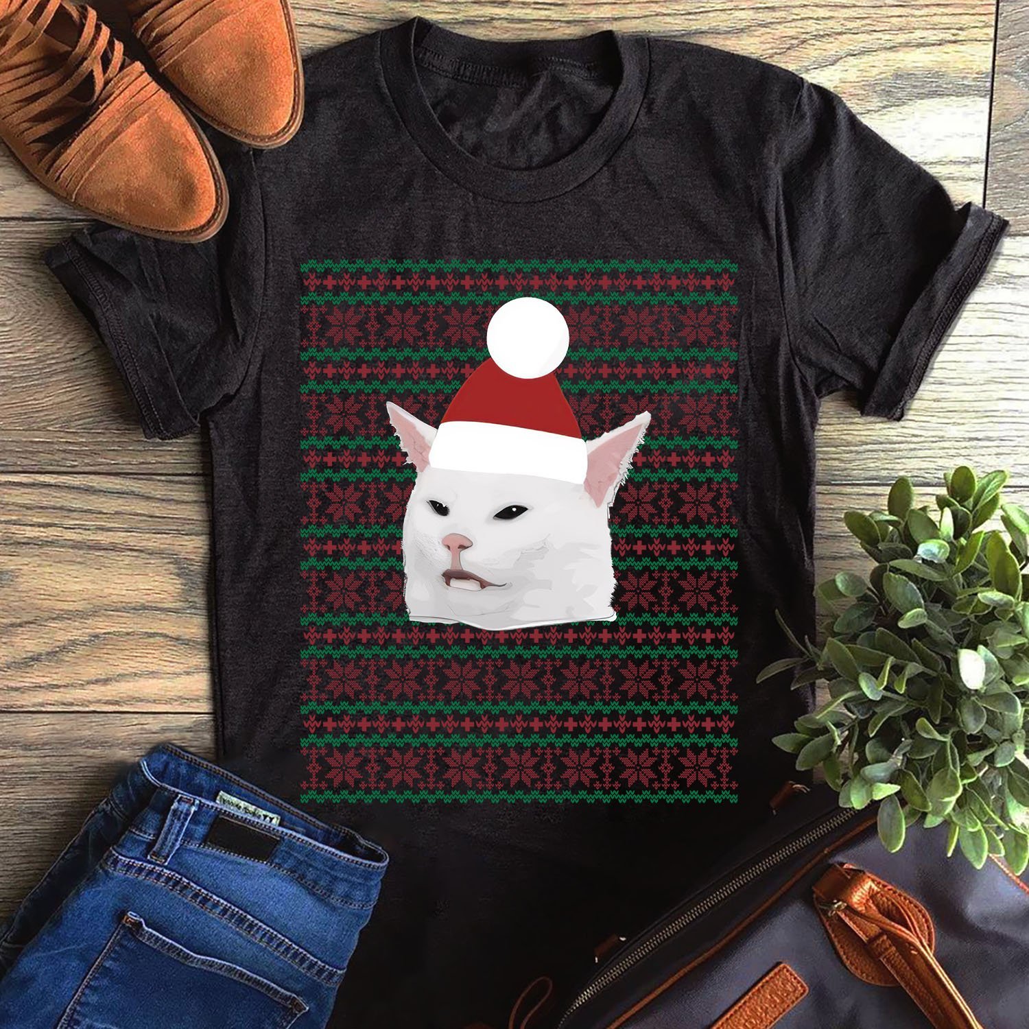 Woman Yelling At A Cat Confused Ugly Christmas Sweater Meme Unisex T-Shirt Hoodie Sweatshirt Plus Size S-5Xl