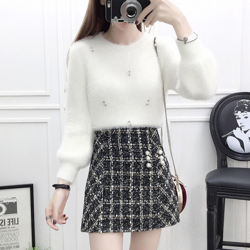 Women 2022 Autumn Winter New Suits Female O-neck Sweater Pullovers+high Waist Plaid Woolen Skirts Ladies Two-piece Sets A204 alx