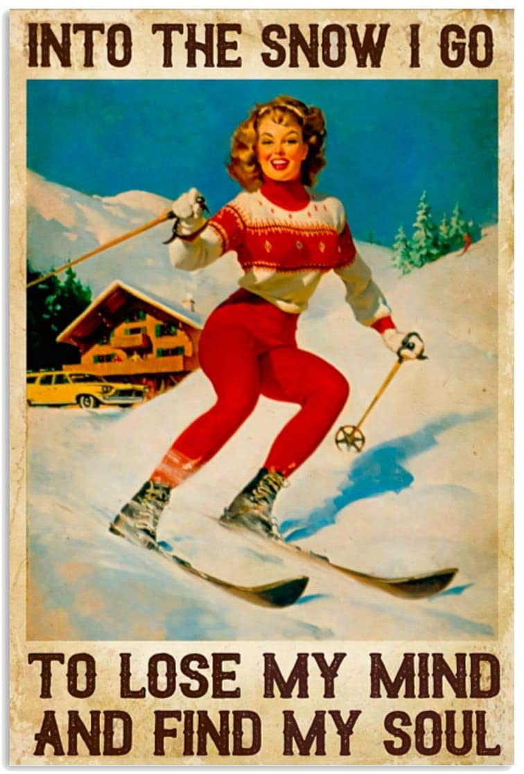 Vintage Girl Skiing – Into The Snow Find My Soul Poster Art Print      Home Decor Gift For Men Women Family Friend On Birthday Xmas