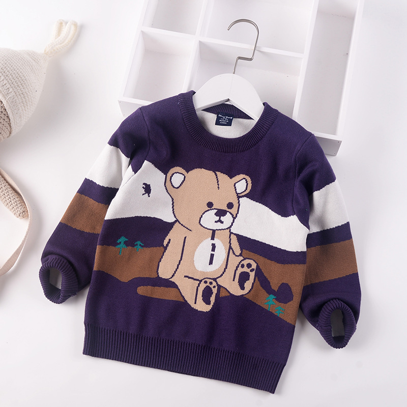 2022 New Autumn Winter Children Cartoon Bear Stripe Knitted Sweaters Kids Baby Boys Sweater Jumper Cotton Toddler Clothes 3-7y alx