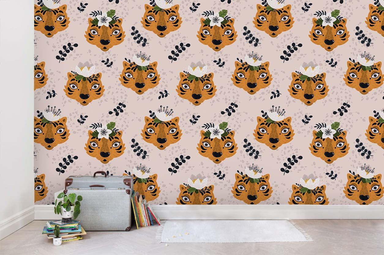 3D Tiger Floral Leaves Wall Mural Wallpaper Sf69