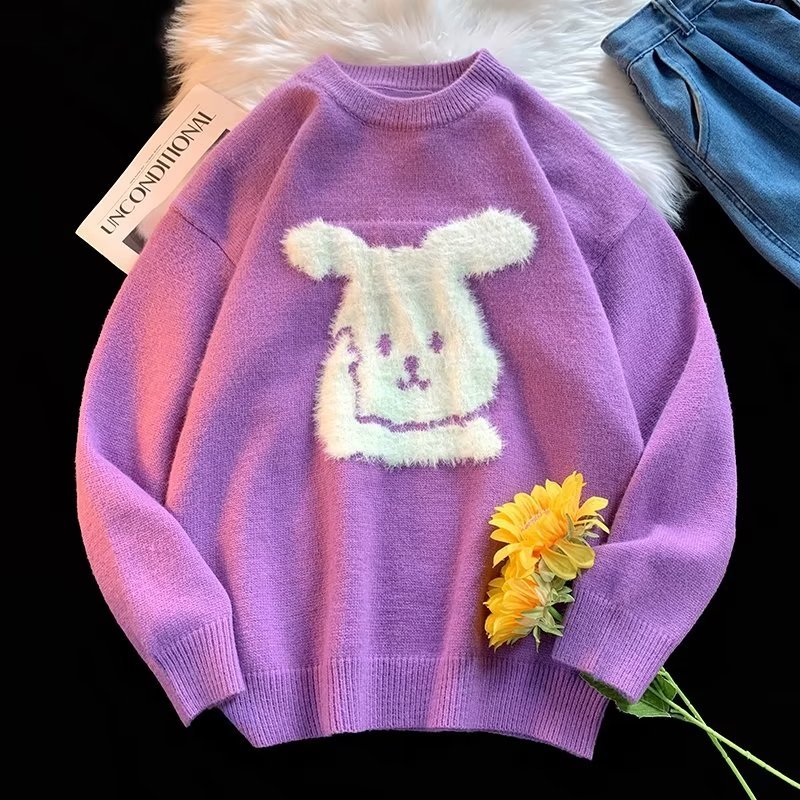 ZAZOMDE Men Sweater Streetwear Cartoon Rabbits Embroidery Knitted Sweater Hip Hop Pullover Autumn Bunny Sweater Harajuku Clothes alx