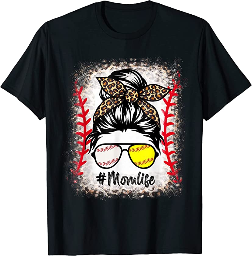 Bleached Softball Baseball Mom Life Leopard Messy Bun Player T-Shirt