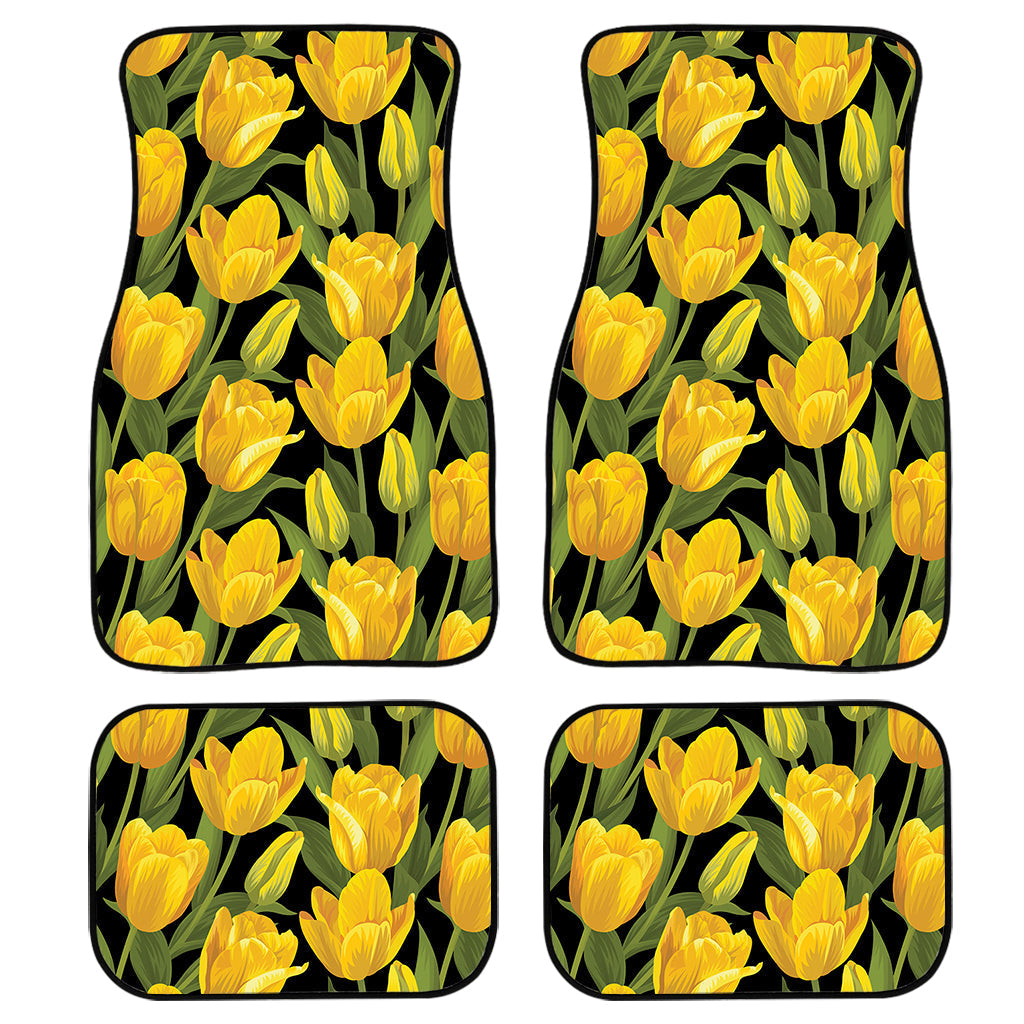 Yellow Tulip Pattern Print Front And Back Car Floor Mats, Front Car Mat