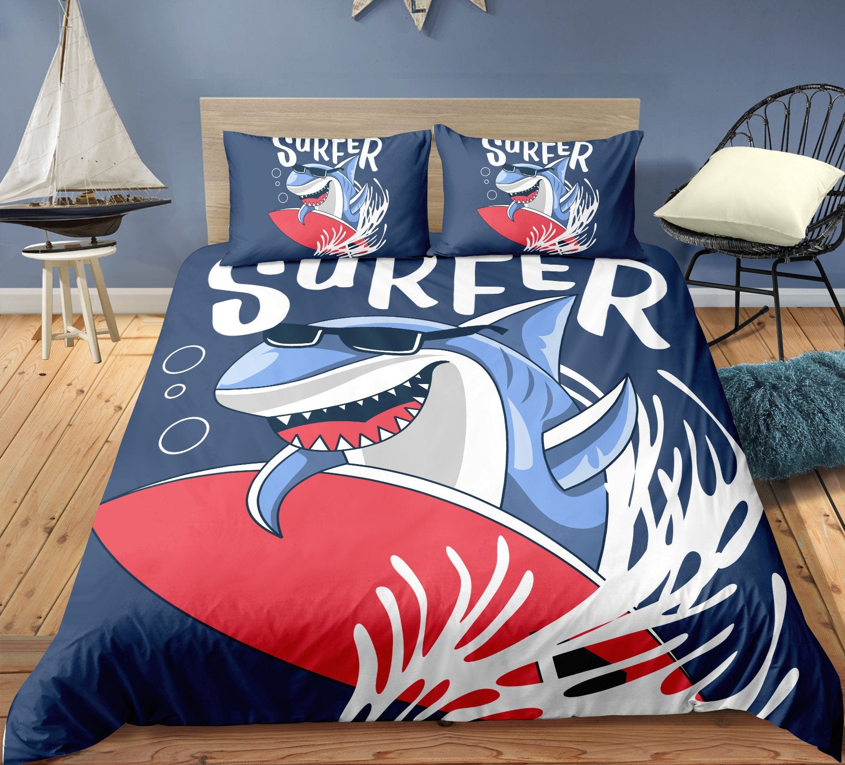 Surfing Shark 3 Pieces Quilted Comforter Set