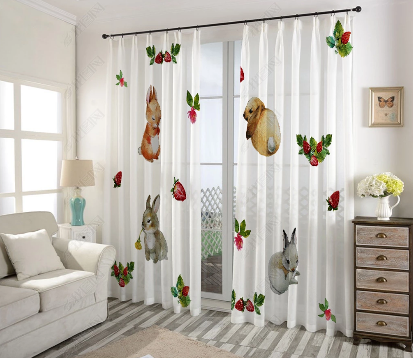 3D Hand Drawn Animal Bunny Floral Curtains And Drapes Lqh 279