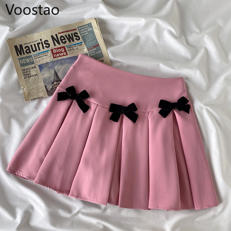 Summer Sweet Lolita Style Princess Skirt Sets Girls Cute Bow Short Sleeve T-Shirt Crop Tops High Waist Mini Skirts Women 2PC Set alx