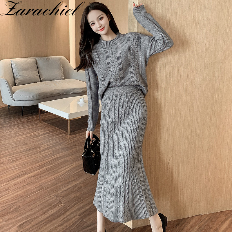 2021 Autumn Winter Thicken Warm Twisted Knitted 2 Pieces Sweater Set Women O-Neck Loose Pullovers+Mermaid Flare Midi Skirts Suit alx