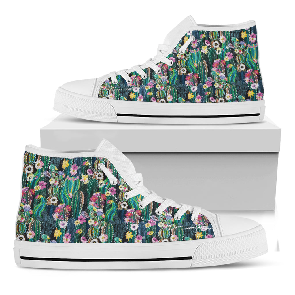 Watercolor Blooming Cactus Print White High Top Shoes