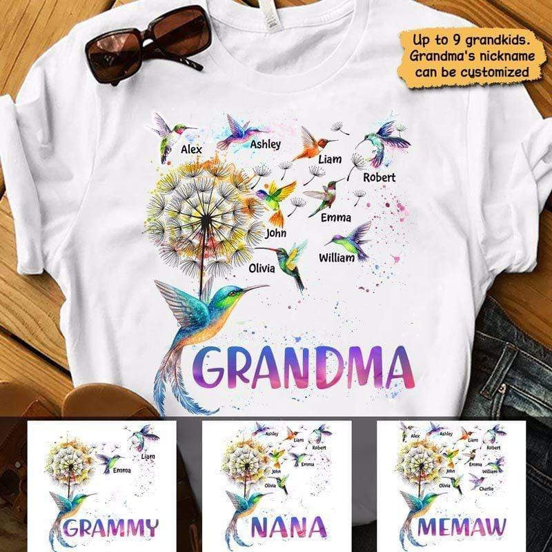 Personalized Dandelion Hummingbird Grandma Colorful T Shirt, Nana Shirt, Mimi Shirt