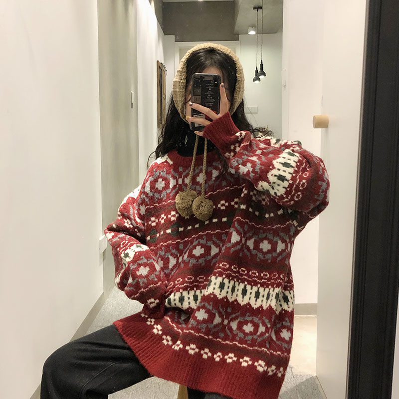 Women Pullovers Long Sleeve Jacquard Sweaters Vintage Christmas Warm Knitting Tops Harajuku Kawaii Autumn Winter Jumper Mujer alx