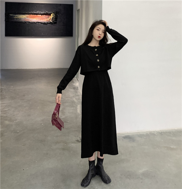 Two Piece Set Women Spring New Short Cardigan Top + High Waist Suspender Knitted Dress Solid Color High Waist Midi Long Dress alx