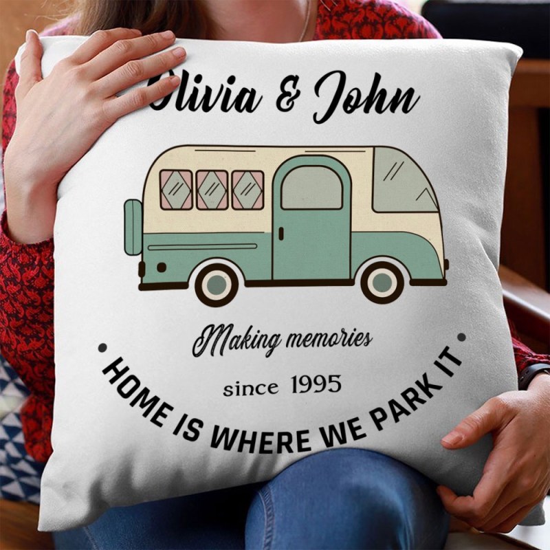 Personalised Campervan Camp Retro Caravan Pillow, Couple Travel Gift For His And Her