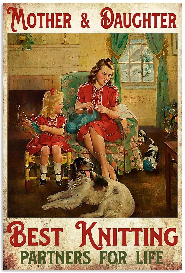 Vintage Mother And Daughter Best Knitting Partners Poster Art Print      Home Decor Gift For Men Women Family Friend On Birthday Xmas