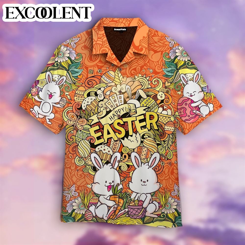 Orange Happy Easter Bunny Aloha Mens Hawaiian Shirt – Easter Shirts For Adults – Easter Gift