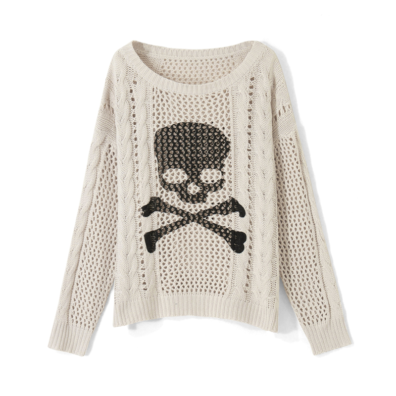 Xingqing Skull Sweater y2k Aesthetic Gothic Hollow Out Long Sleeve Tops Punk Style Crochet Pullover Knitwear Women Streetwear alx