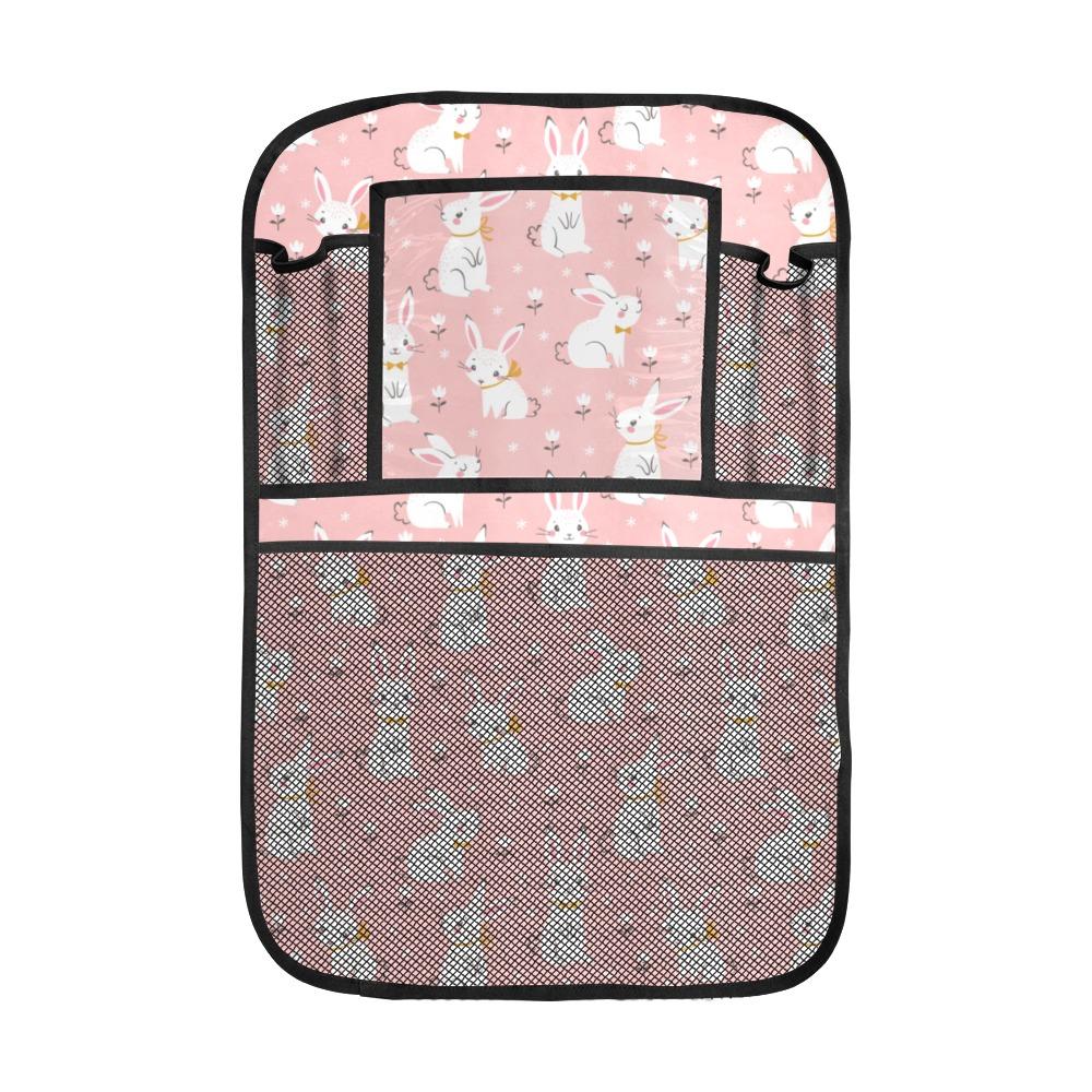 Cute White Rabbit Flower Pink Background Car Seat Back Organizer