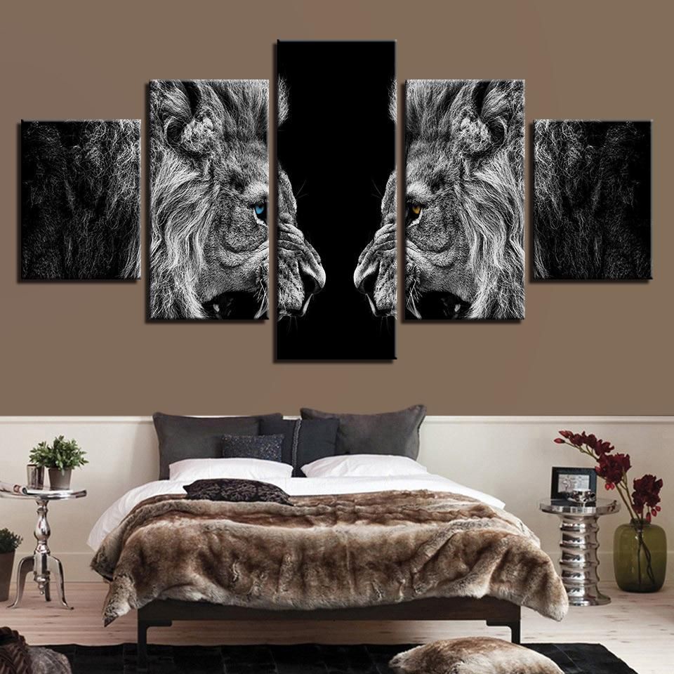 Roaring Lions Mirror Animal For Animal 5 Panel Canvas Art Wall Decor