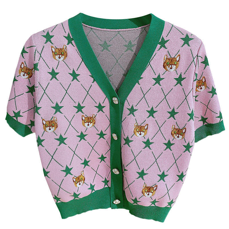 2022 Pink Green Cute Tiger Embroidery Plaid Cardigan Crop Top Sweater Kawaii Knitted Button Up Shirt Women Summer Blouse Casual alx