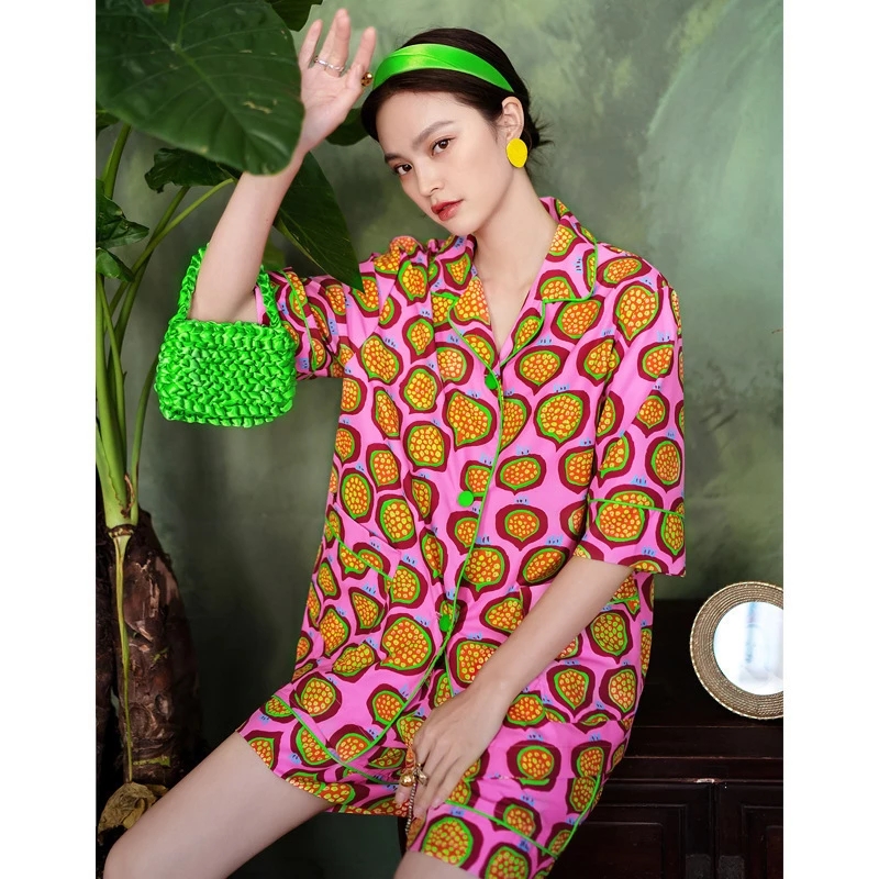 2022 New Spring Women’s Geommetric Printed Fruit Pajamas Set Loungewear Sleepwear for Women Vibrant 2 Pieces Short Sleeve Pyjama alx