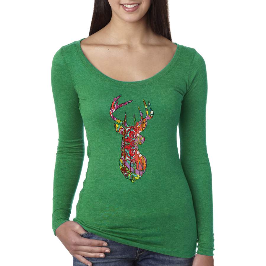 Trippy Colorful Buck Head Rainbow Hunting Deer Mosaic Animal Lover Womens Scoop Long Sleeve Top