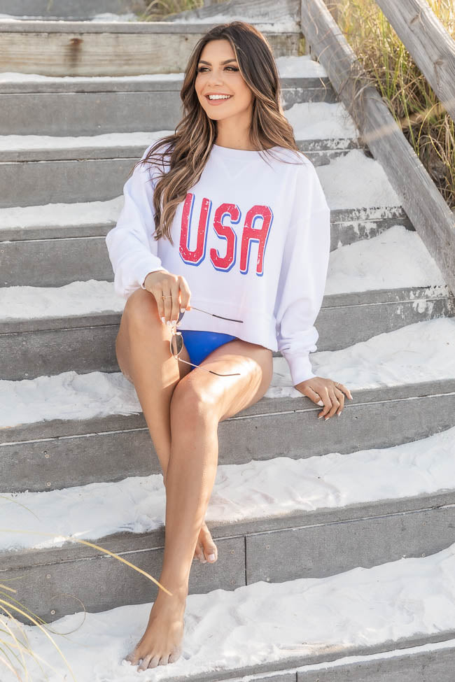 Usa Distressed White Cropped Corded Graphic Sweatshirt