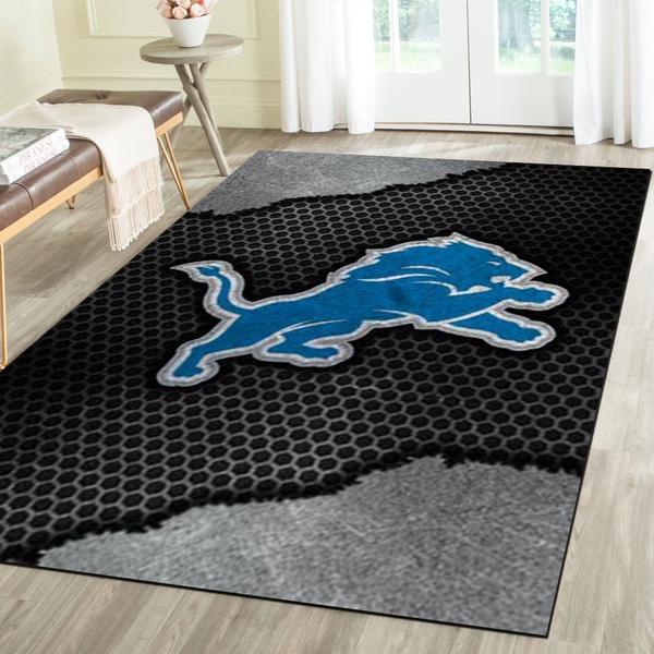 Detroit Lions Logo Area Rug, Football Team Living Room Carpet, Man Cave Floor Mat