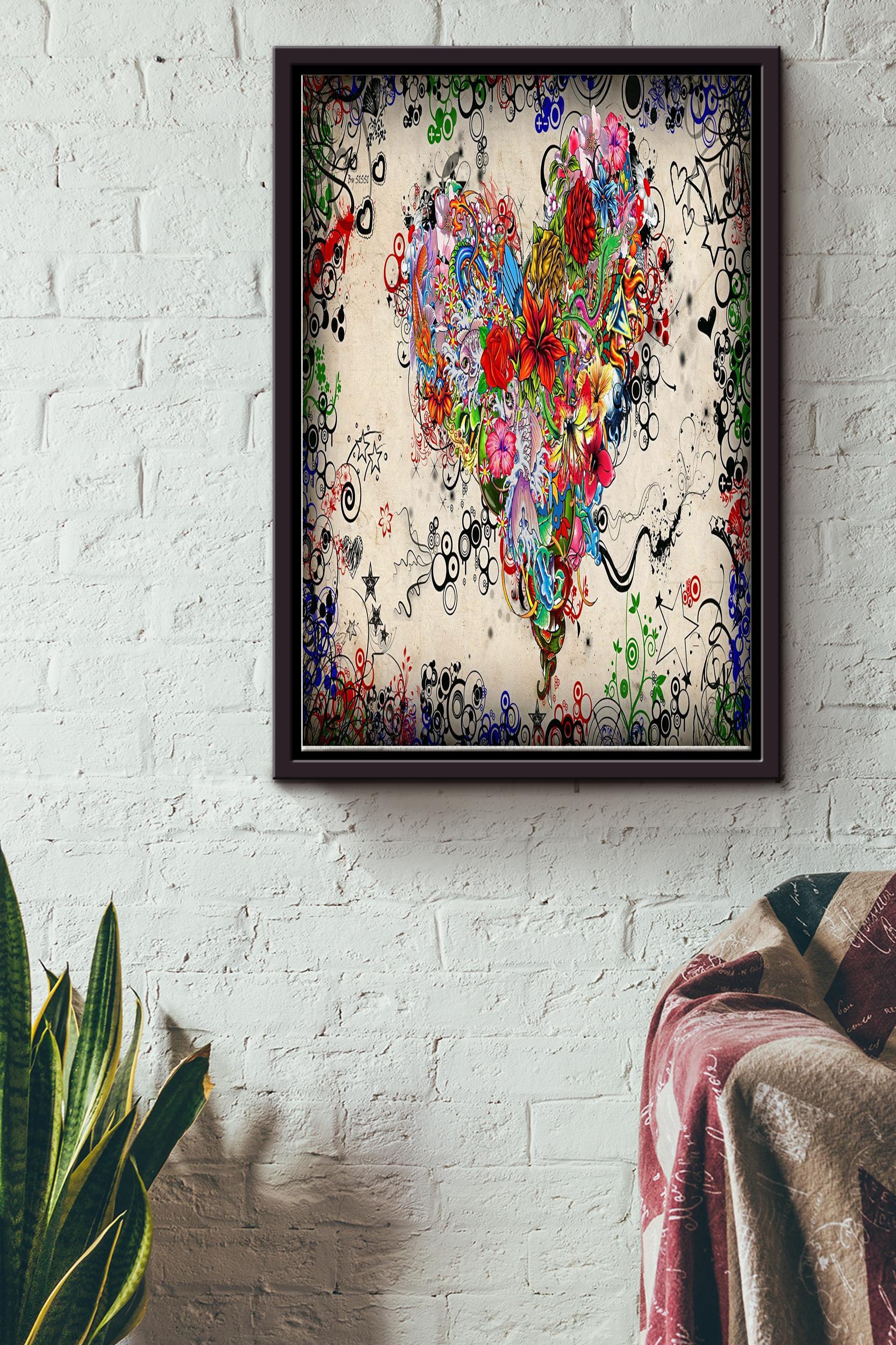 Heart Flower Poster – Love Wall Art – Gift For Lover, Crush, Boyfriend, Girlfriend Framed Matte Canvas