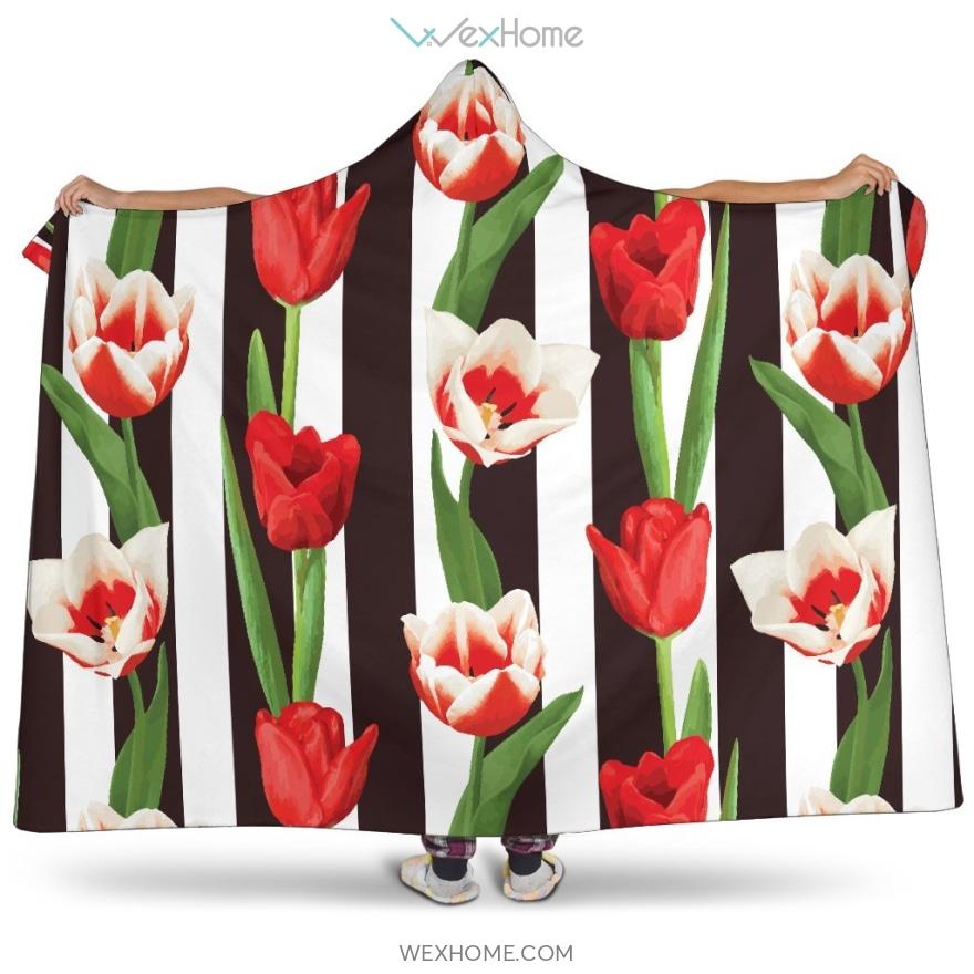 Red And White Tulips Pattern Hooded Blanket