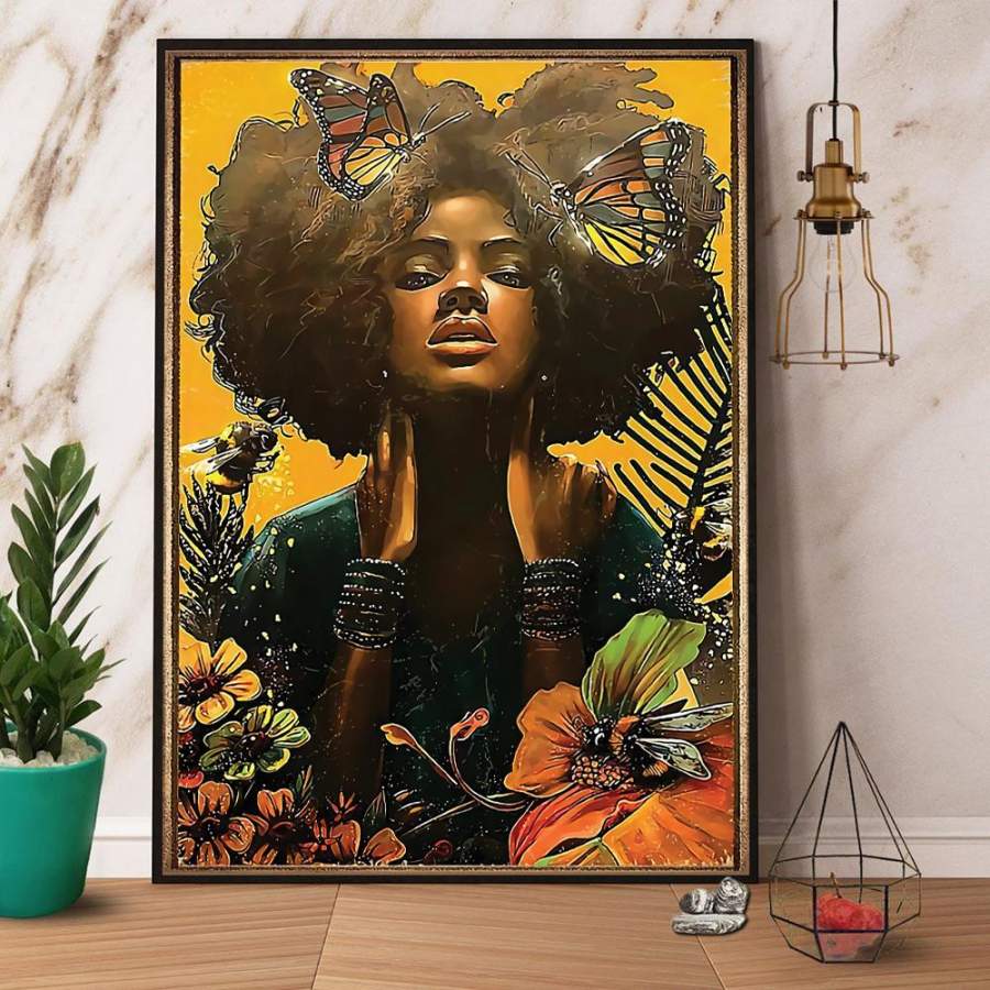 Native black woman with butterfly black power paper poster no frame/ wrapped canvas wall decor full size