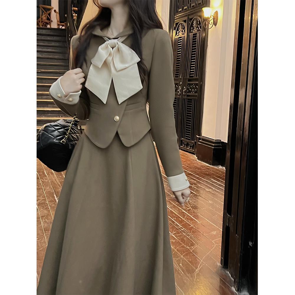 Autumn Vintage Two Piece Set Women Japanese Elegant Bow Midi Skirt Set Female Casual Korean Fashion Long Party Skirt Suit 2022 alx