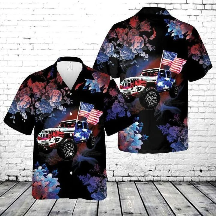 Dark Theme Magical Floral Pattern Jeeps And Flag Hawaii Shirt Ha19237