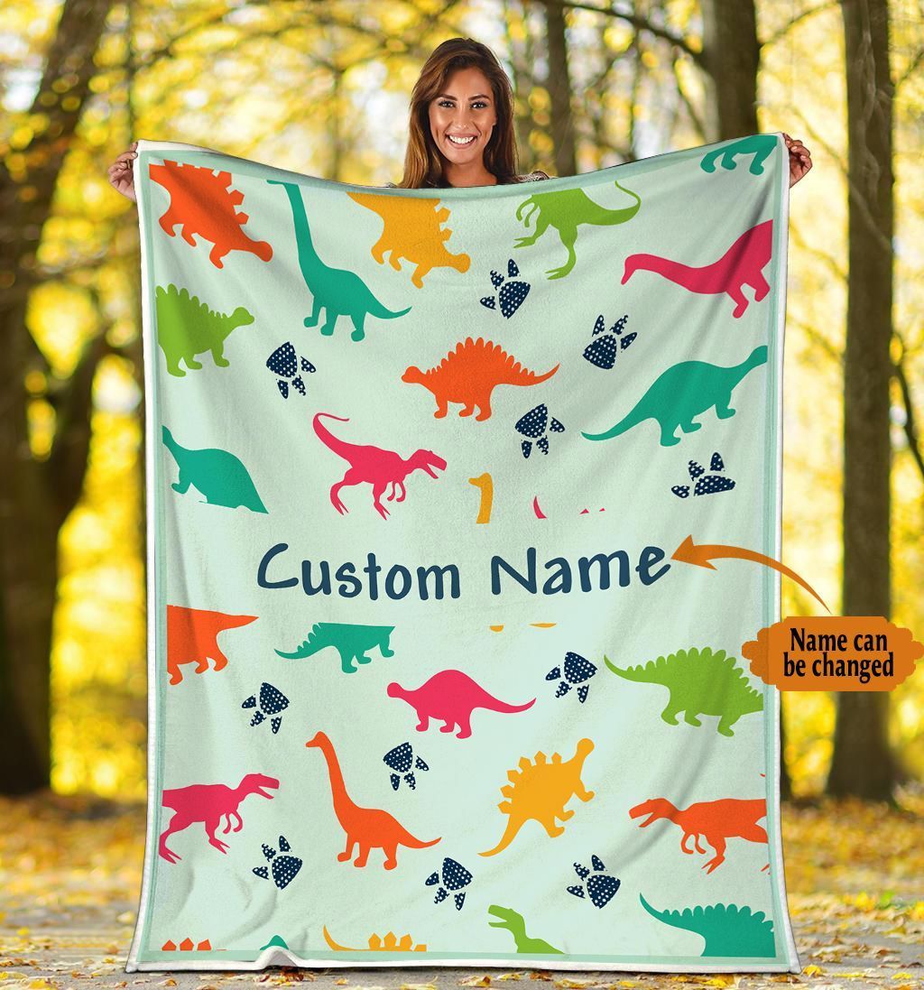 [Personalized Name] Colorful Dinosaur With Paws Fleece Blanket, Sherpa Blanket, Gift For Parent, Family Member, Friends Gift, Christmas Gift, Home Decor, Home Living