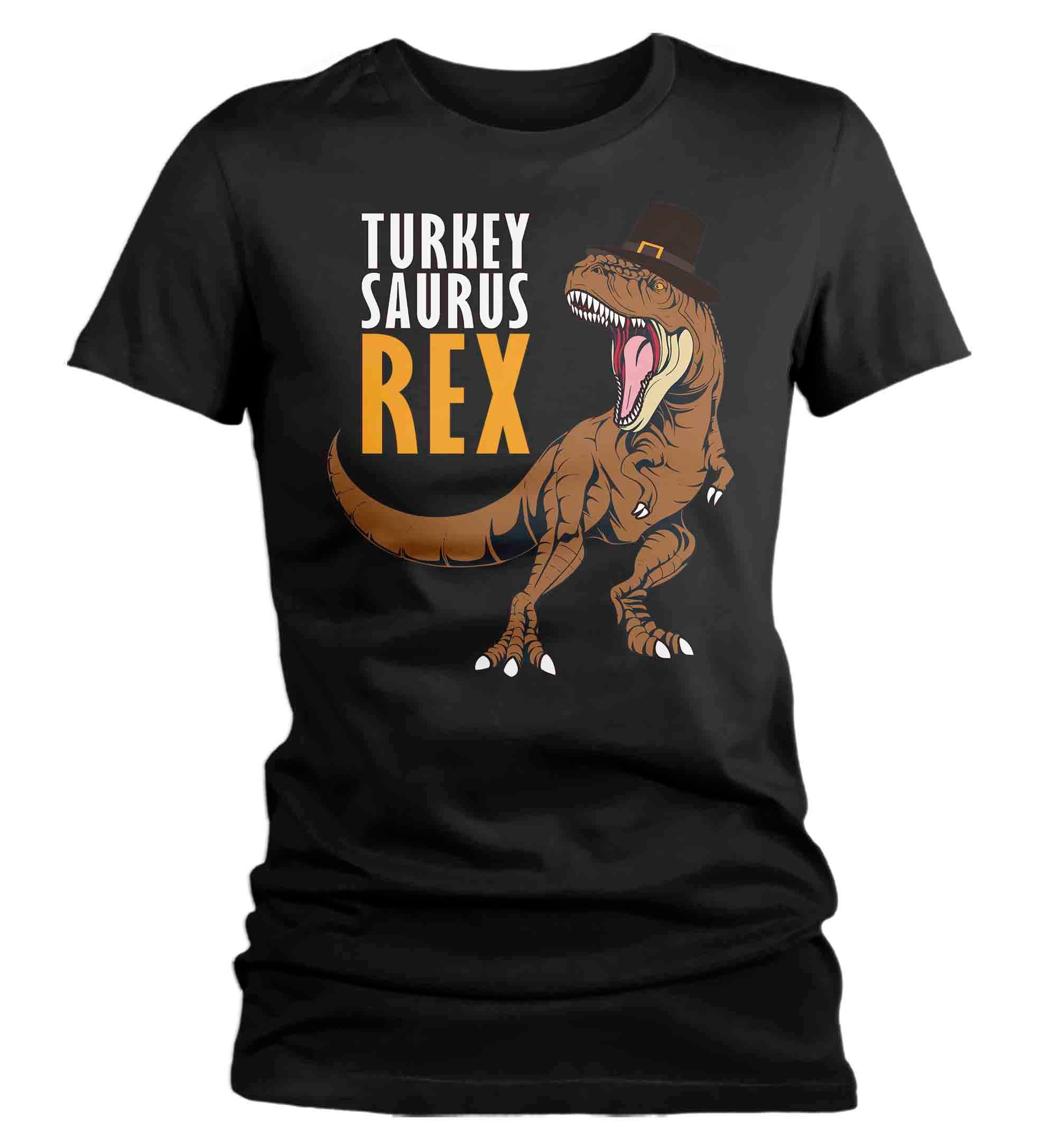 Women’S Funny Thanksgiving Tee Turkey Saurus Rex Shirts Turkey Day Pilgrim Hat Tshirt Holiday Dinosaur T Rex Ladies Soft Graphic Shirt