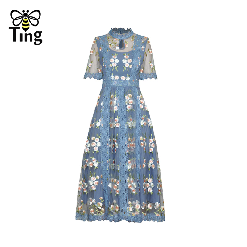 Tingfly Women Vintage Elegant High Quality Flower Embroidery Midi Long A Line Party Dress Summer Short Sheer Sleeve Elbise Traf alx