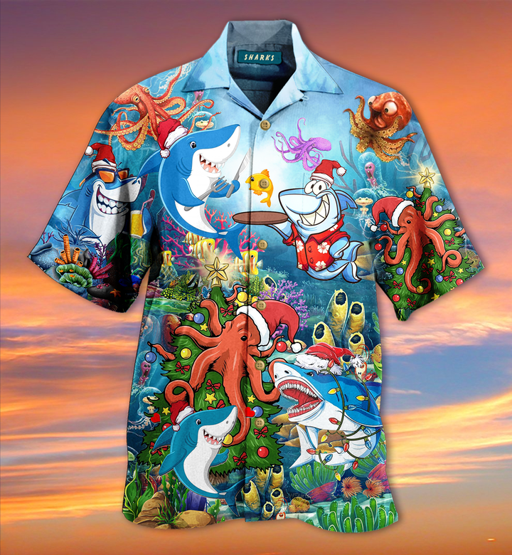 Christmas Shark Octopus Under Ocean Cartoon Funny Colorful Hawaii Shirt Ha63028