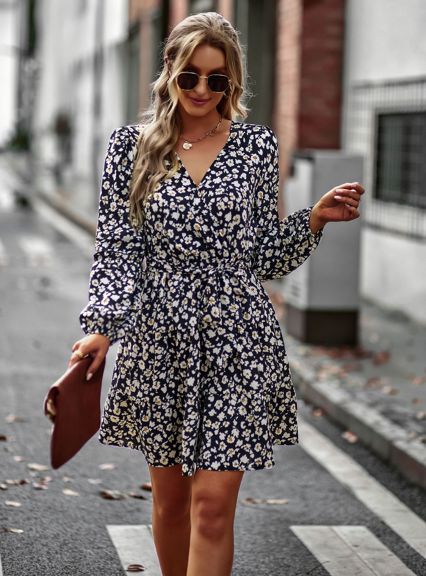 A-line Floral Print Long Sleeve Mini Dress For Women Elegant V-neck Lantern Sleeve Sashes Dress Fall Vintage Party Dress Female alx