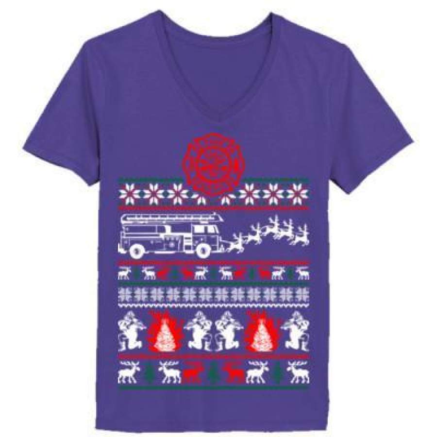 AGR Christmas Firefighter Fireman Ugly Sweater Xmas – Ladies’ V-Neck T-Shirt