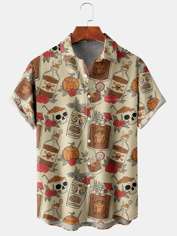 Retro Drink Tiki Skull Print Casual Breathable Hawaii Short Sleeve Shirt Ha103760