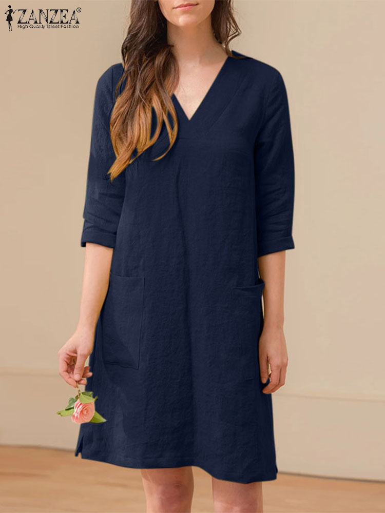 Women V Neck 3/4 Sleeve Solid Dress ZANZEA Fashion Autumn Elegant Work Sundress Casual Loose Knee-length Cotton Vestido Robes alx