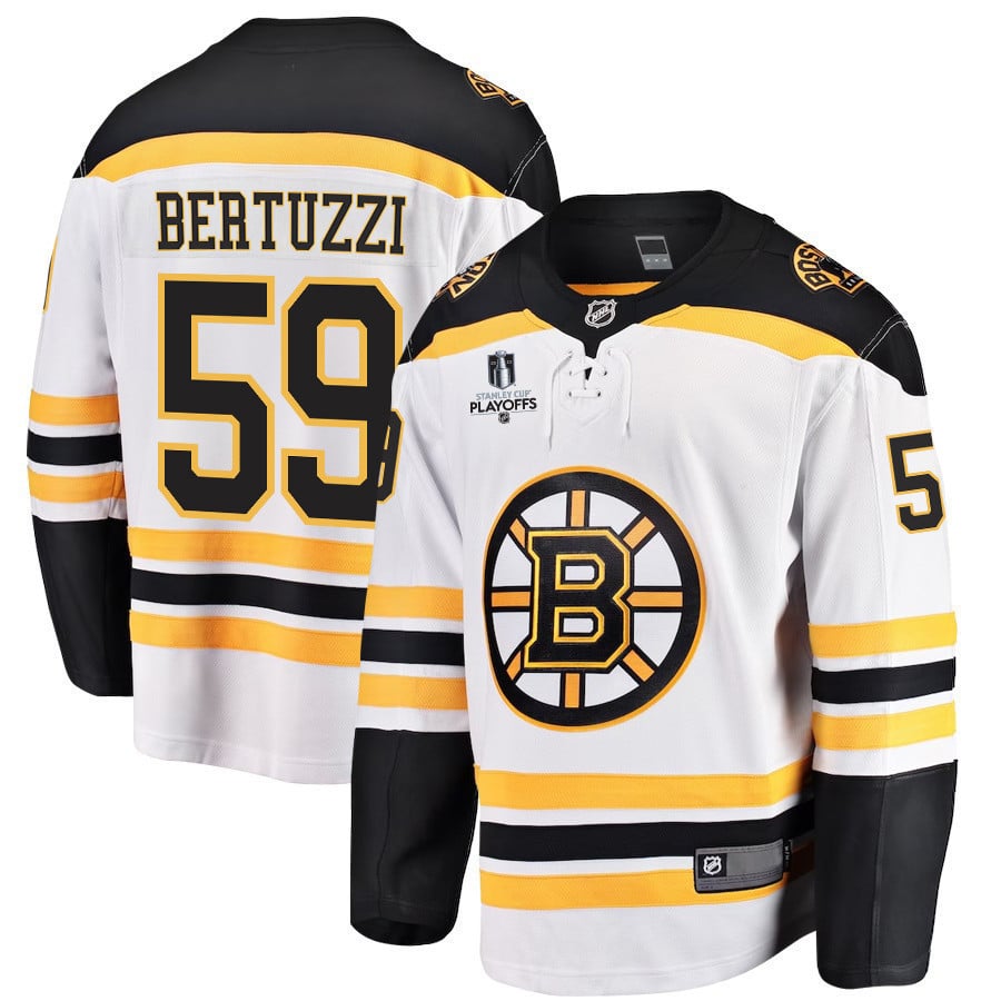 Tyler Bertuzzi 59 Boston Bruins Stanley Cup 2023 Playoffs Patch Away Breakaway Men Jersey – White