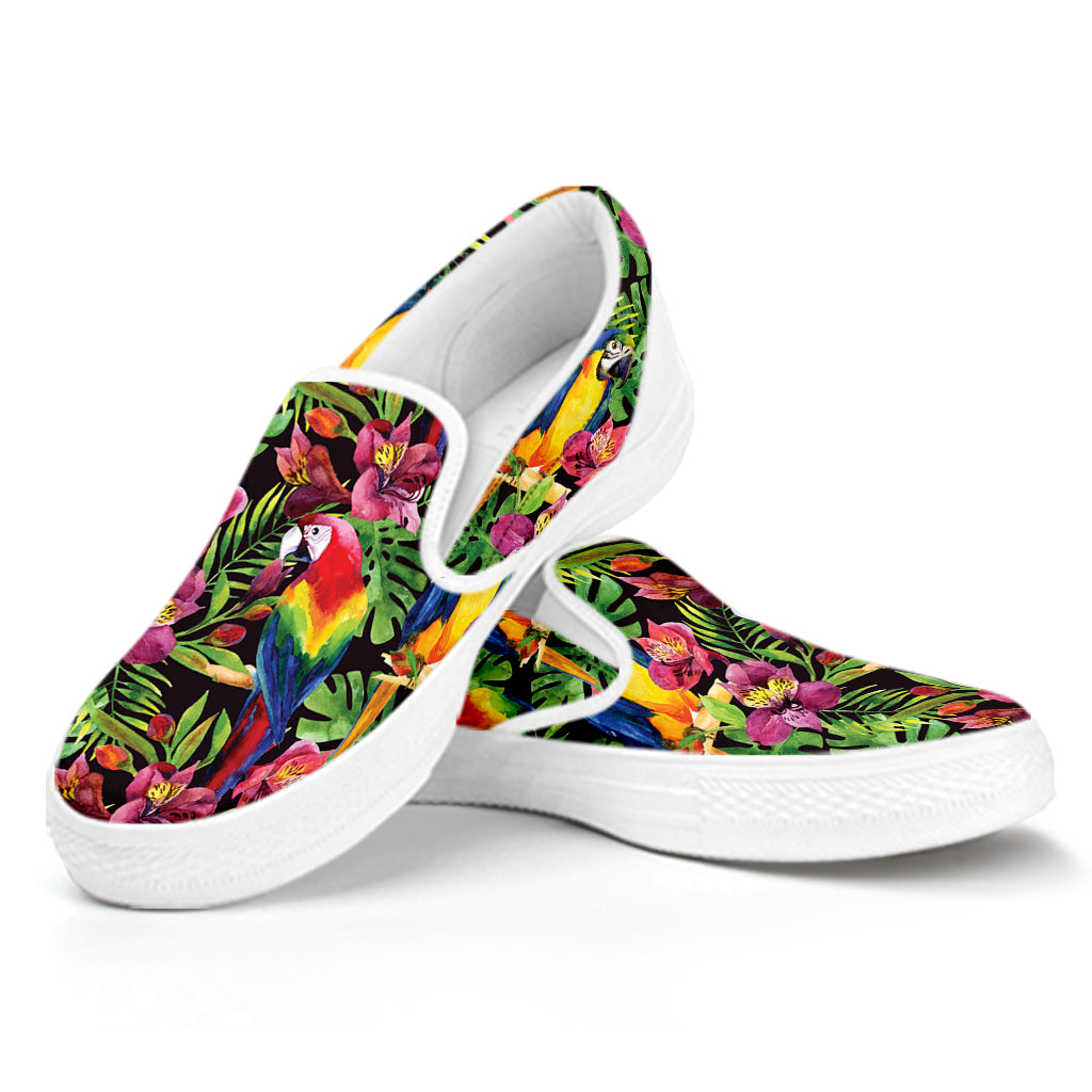 Watercolor Parrot Pattern Print White Slip On Shoes