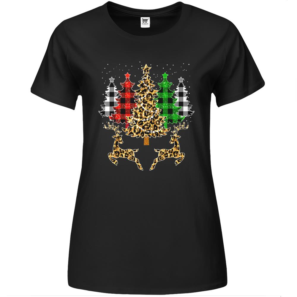 Christmas Trees With Buffalo Plaid & Leopard Print Xmas Premium Womens T Shirts