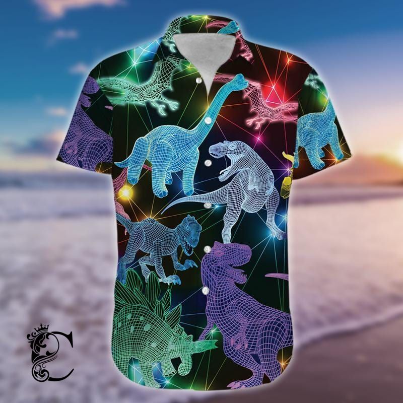 Amazing Colorful Neon T-Rex Dinosaur Hawaiian Shirt