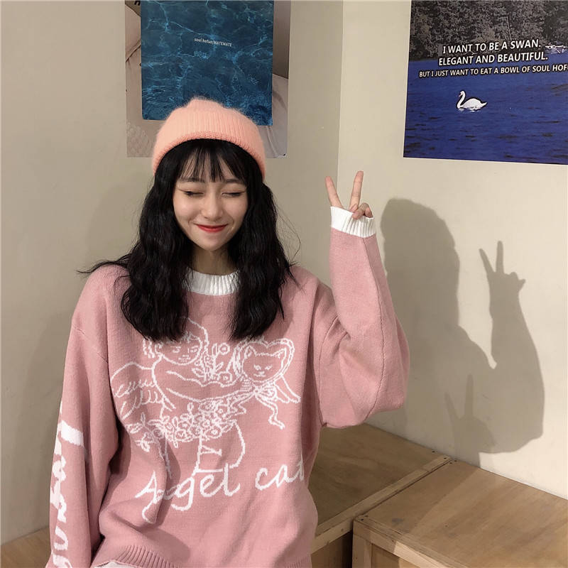 Woherb Cute Knit Pullover Woman Sweater Autumn Japanese Harajuku Jumpers 2022 Angel Cartoon Streetwear Casual Female Sweaters alx